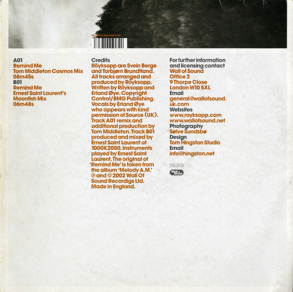 Röyksopp - Remind Me | Wall Of Sound (WALLT074X) - 2 Röyksopp - Remind Me | Wall Of Sound (WALLT074X) - 2