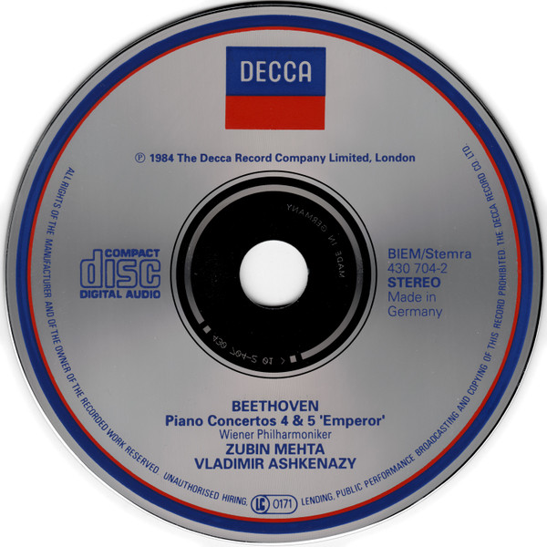 Ludwig van Beethoven / Vladimir Ashkenazy , Wiener Philharmoniker , Zubin Mehta - Piano Concertos 4 & 5 'Emperor' | Decca (430 704-2) - 3