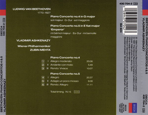 Ludwig van Beethoven / Vladimir Ashkenazy , Wiener Philharmoniker , Zubin Mehta - Piano Concertos 4 & 5 'Emperor' | Decca (430 704-2) - 2