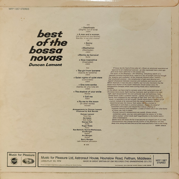 Duncan Lamont - Best Of The Bossa Novas | Music For Pleasure (MFP 1357) - 2