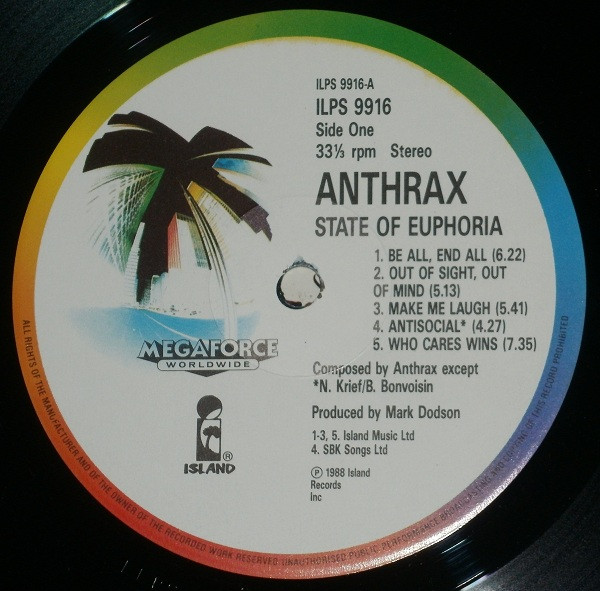 Anthrax - State Of Euphoria | Island Records (ILPS 9916) - 3 Anthrax - State Of Euphoria | Island Records (ILPS 9916) - 3