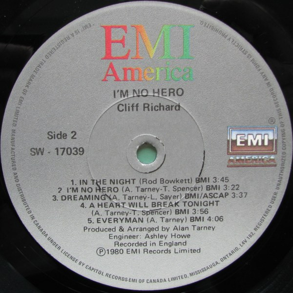 Cliff Richard - I'm No Hero | EMI America (SW-17039) - 4 Cliff Richard - I'm No Hero | EMI America (SW-17039) - 4