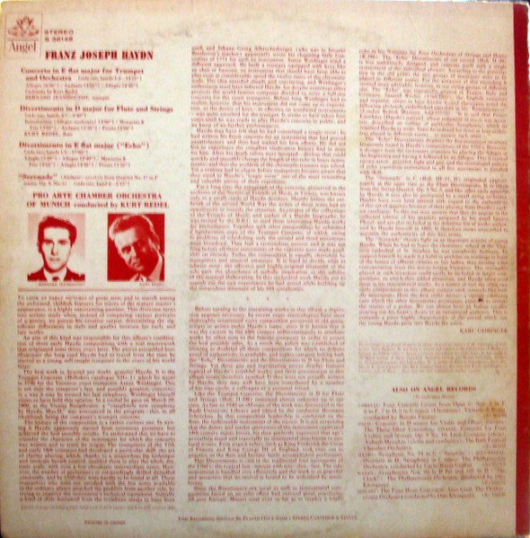 Joseph Haydn , Bernard Jeannoutot , Kurt Redel , Orchestre Pro Arte De Munich - Concerto In E Flat For Trumpet And Orchestra / Divertimento In D Major For Flute And Orchestra / Divertimento In E Flat ("The Echo") / Serenade From Quartet Opus 3 No 5 | Angel Records (36148) - 2 Joseph Haydn , Bernard Jeannoutot , Kurt Redel , Orchestre Pro Arte De Munich - Concerto In E Flat For Trumpet And Orchestra / Divertimento In D Major For Flute And Orchestra / Divertimento In E Flat ("The Echo") / Serenade From Quartet Opus 3 No 5 | Angel Records (36148) - 2