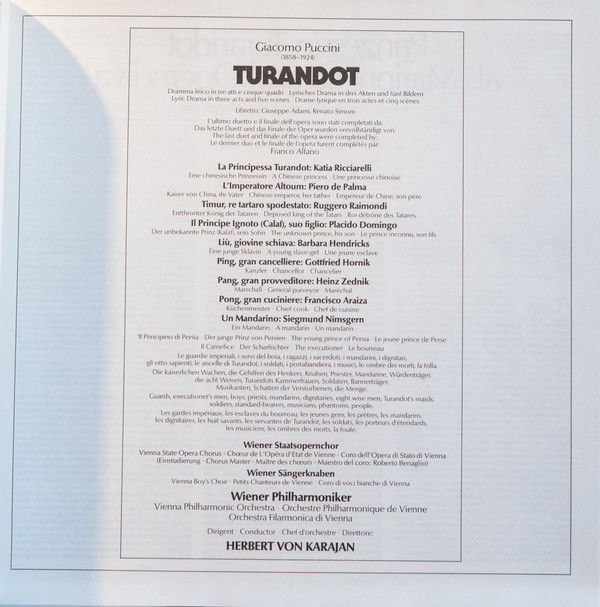 Giacomo Puccini , Katia Ricciarelli , Placido Domingo , Barbara Hendricks , Ruggero Raimondi , Wiener Staatsopernchor , Die Wiener Sängerknaben , Wiener Philharmoniker , Herbert Von Karajan - Turandot | Deutsche Grammophon (2741 013) - 3