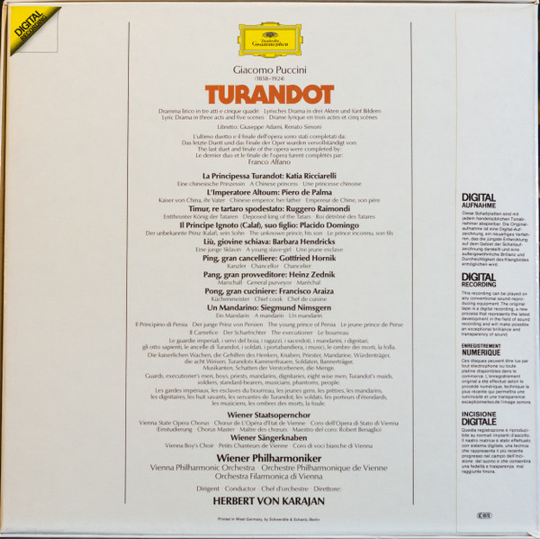 Giacomo Puccini , Katia Ricciarelli , Placido Domingo , Barbara Hendricks , Ruggero Raimondi , Wiener Staatsopernchor , Die Wiener Sängerknaben , Wiener Philharmoniker , Herbert Von Karajan - Turandot | Deutsche Grammophon (2741 013) - 2