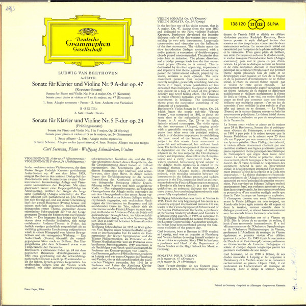 Ludwig Van Beethoven , Carl Seemann ‧ Wolfgang Schneiderhan - Violinsonaten A-Dur Op.47 Nr. 9 ‧ F-Dur Op.24 Nr.5 (Kreutzersonate ‧ Frühlingssonate) | Deutsche Grammophon (138 120 SLPM) - 2