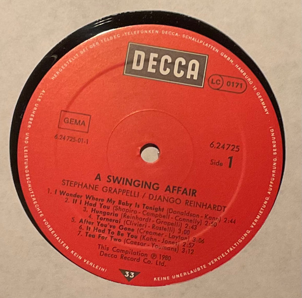 Stéphane Grappelli , Django Reinhardt - A Swinging Affair | Decca (6.24725 AO) - 3