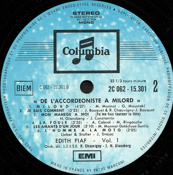 Edith Piaf - De L'accordéoniste À Milord - Vol. 1 | Columbia (2 C 062-15301) - 4