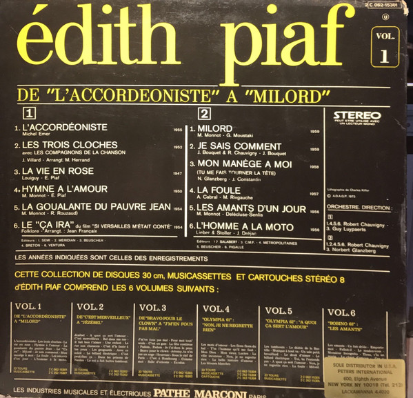 Edith Piaf - De L'accordéoniste À Milord - Vol. 1 | Columbia (2 C 062-15301) - 2