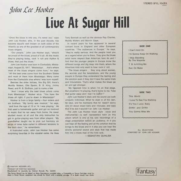 John Lee Hooker - Live At Sugar Hill | Fantasy (SFYL 934394) - 2