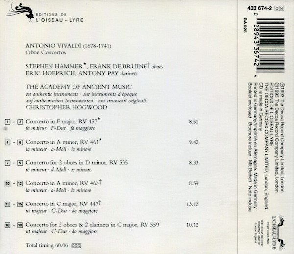 Antonio Vivaldi , Stephen Hammer , Frank De Bruine , The Academy Of Ancient Music , Christopher Hogwood - Oboe Concertos | L'Oiseau-Lyre (433 674-2) - 2