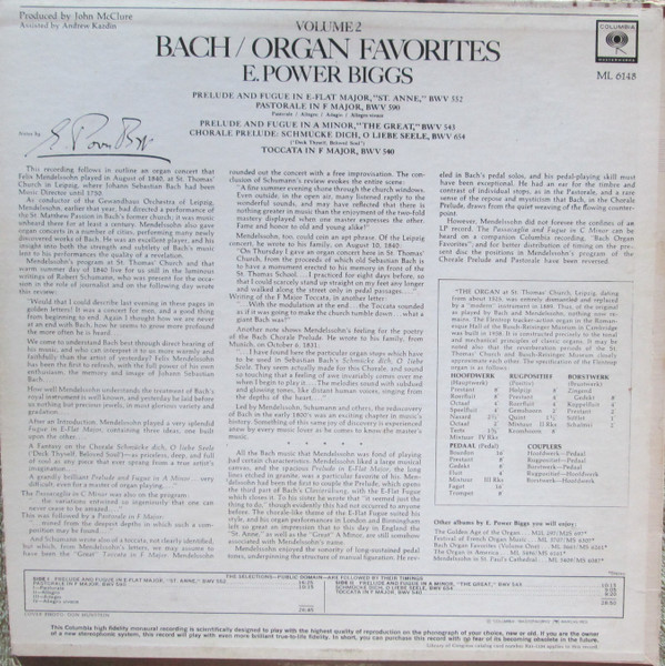 E. Power Biggs - Bach Organ Favorites, Volume 2 | Columbia Masterworks (ML 6148) - 2