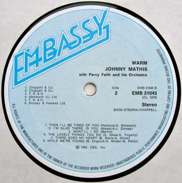 Johnny Mathis With Percy Faith & His Orchestra - Warm | Embassy (EMB 31045) - 4