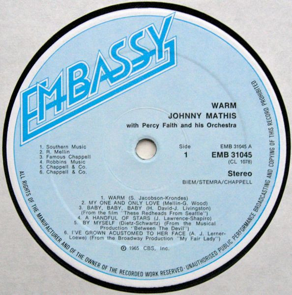 Johnny Mathis With Percy Faith & His Orchestra - Warm | Embassy (EMB 31045) - 3