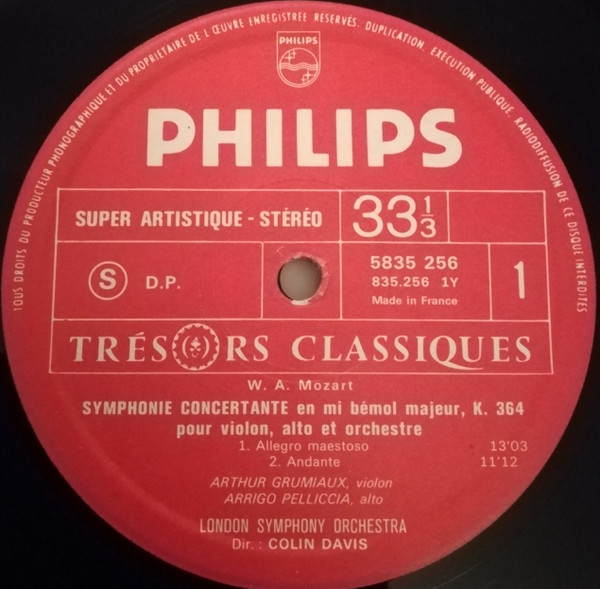 Wolfgang Amadeus Mozart , Arthur Grumiaux , Arrigo Pelliccia , London Symphony Orchestra , Sir Colin Davis - Symphonie Concertante K. 364 / Concerto Pour Violon K.211 | Philips (5835.256) - 2