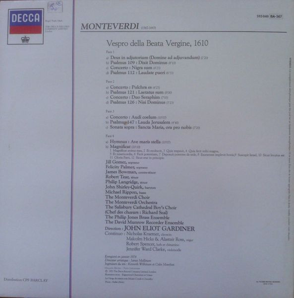 Claudio Monteverdi / The Monteverdi Choir / The Monteverdi Orchestra / John Eliot Gardiner - Vespro Della Beata Vergine | Decca (539040) - 2