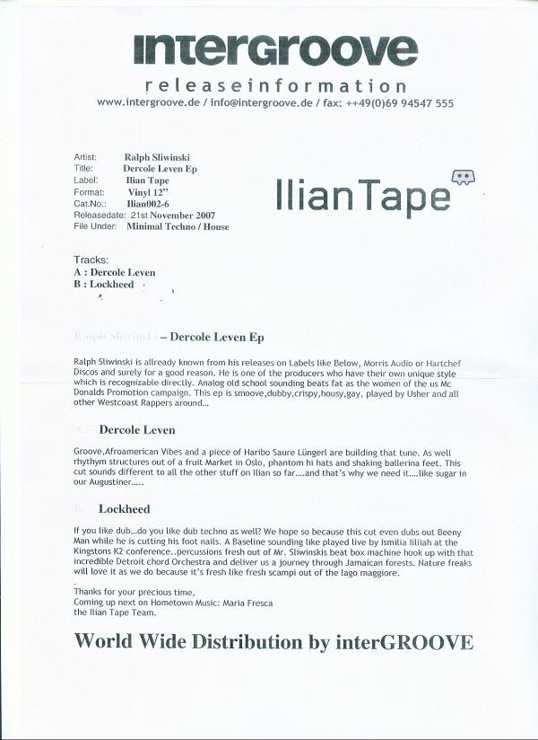 Ralph Sliwinski - Dercole Leven EP | Ilian Tape (ILIAN002-6) - main Ralph Sliwinski - Dercole Leven EP | Ilian Tape (ILIAN002-6) - main