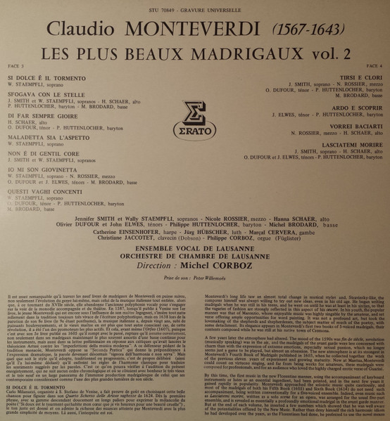 Claudio Monteverdi , Solistes de l'Ensemble Vocal de Lausanne , Ensemble Vocal De Lausanne & Orchestre De Chambre De Lausanne , Michel Corboz - Les Plus Beaux Madrigaux Vol. 2 | Erato (STU 70849) - 2 Claudio Monteverdi , Solistes de l'Ensemble Vocal de Lausanne , Ensemble Vocal De Lausanne & Orchestre De Chambre De Lausanne , Michel Corboz - Les Plus Beaux Madrigaux Vol. 2 | Erato (STU 70849) - 2