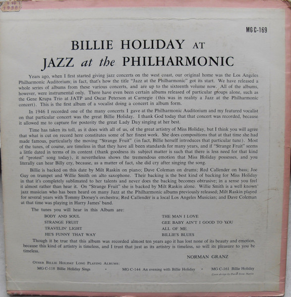 Billie Holiday - At Jazz At The Philharmonic | Clef Records (MG C-169) - 2