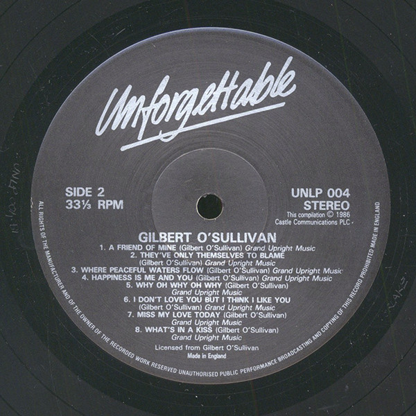 Gilbert O'Sullivan - Unforgettable - 16 Golden Classics | Castle Communications (UNLP 004) - 4
