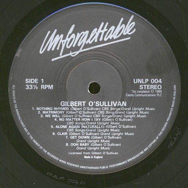 Gilbert O'Sullivan - Unforgettable - 16 Golden Classics | Castle Communications (UNLP 004) - 3