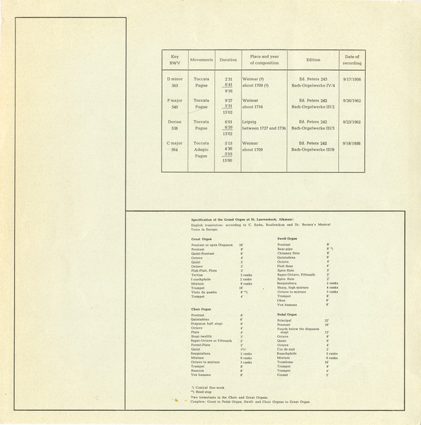 Johann Sebastian Bach - Helmut Walcha - Toccata And Fugue In D Minor, BWV 565 - Toccata And Fugue In F Major, BWV 540 / Toccata And Fugue In D (Dorian), BWV 538 - Toccata, Adagio And Fugue In C Major, BWV 564 | Archive Production (ARC 73 204) - 4