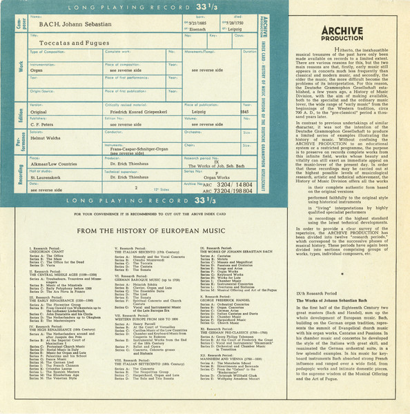 Johann Sebastian Bach - Helmut Walcha - Toccata And Fugue In D Minor, BWV 565 - Toccata And Fugue In F Major, BWV 540 / Toccata And Fugue In D (Dorian), BWV 538 - Toccata, Adagio And Fugue In C Major, BWV 564 | Archive Production (ARC 73 204) - 3