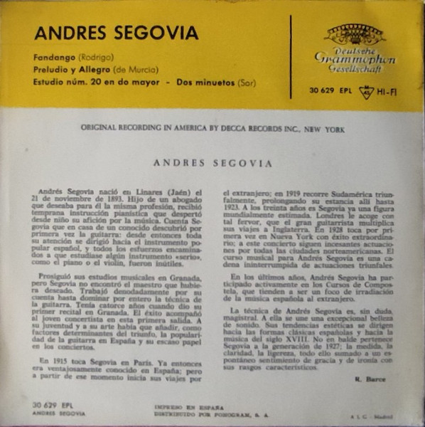 Andrés Segovia - Fandango | Deutsche Grammophon (30 629 EPL) - 2 Andrés Segovia - Fandango | Deutsche Grammophon (30 629 EPL) - 2