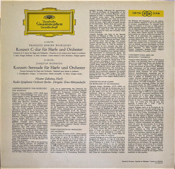 François-Adrien Boieldieu / Joaquín Rodrigo - Nicanor Zabaleta · Radio-Symphonie-Orchester Berlin · Ernst Märzendorfer - Harfenkonzert C-dur · Harp Concerto In C Major / Konzert-Serenade Für Harfe Und Orchester · Concert-Serenade For Harp And Orchestra | Deutsche Grammophon (138 118 SLPM) - 2