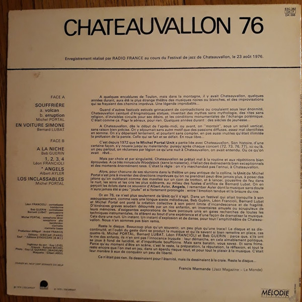 Léon Francioli · Beb Guerin · Bernard Lubat · Michel Portal - Chateauvallon 76 | L'Escargot (ESC 382) - 2 Léon Francioli · Beb Guerin · Bernard Lubat · Michel Portal - Chateauvallon 76 | L'Escargot (ESC 382) - 2