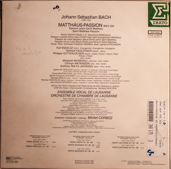 Johann Sebastian Bach - Ensemble Vocal De Lausanne , Orchestre De Chambre De Lausanne , Michel Corboz - Matthäus-Passion | Erato (09.275067.58) - 3