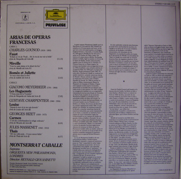 Montserrat Caballé / New Philharmonia Orchestra , Reynald Giovaninetti - Arias De Operas Francesas | Deutsche Grammophon (410 668-1) - 2