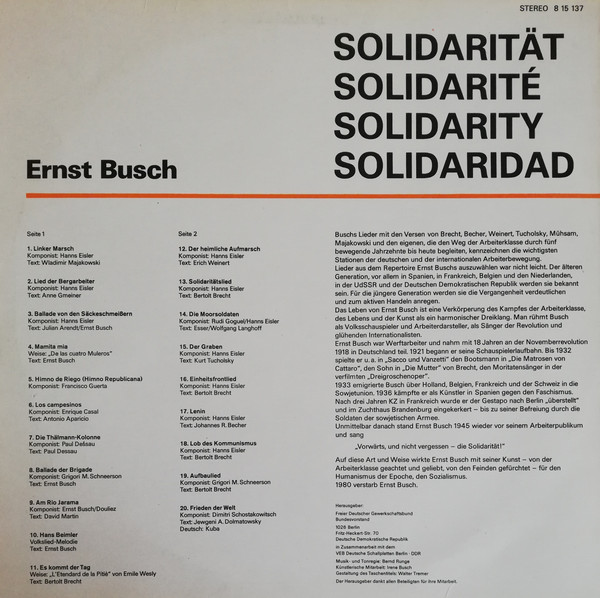 Ernst Busch - Solidarität Solidarité Solidarity Solidaridad | ETERNA (8 15 137) - 2