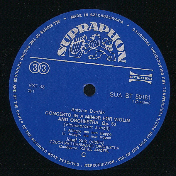 Antonín Dvořák - Josef Suk , The Czech Philharmonic Orchestra , Karel Ančerl - Violin Concerto, Romance For Violin | Supraphon (SUA ST 50181) - 3