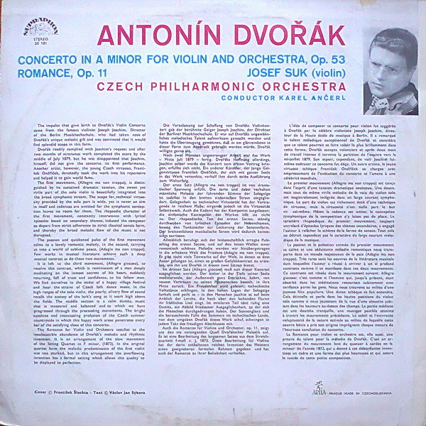 Antonín Dvořák - Josef Suk , The Czech Philharmonic Orchestra , Karel Ančerl - Violin Concerto, Romance For Violin | Supraphon (SUA ST 50181) - 2