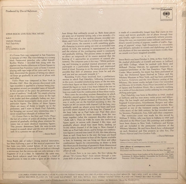 Steve Reich - Live / Electric Music | Columbia Masterworks (MS 7265) - 4