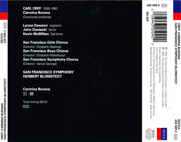 Carl Orff - San Francisco Symphony & San Francisco Symphony Chorus / Herbert Blomstedt - Carmina Burana | Decca (430 509-2) - 2
