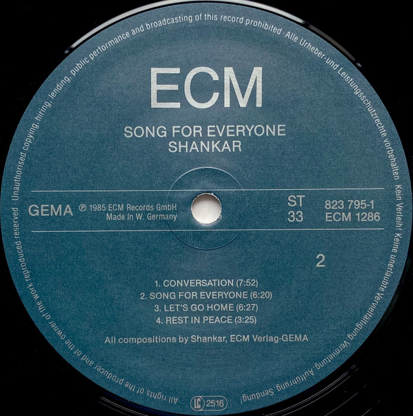 Shankar , Jan Garbarek , Zakir Hussain , Trilok Gurtu - Song For Everyone | ECM Records (ECM 1286) - 2 Shankar , Jan Garbarek , Zakir Hussain , Trilok Gurtu - Song For Everyone | ECM Records (ECM 1286) - 2