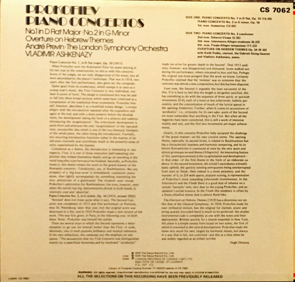 Sergei Prokofiev - André Previn , London Symphony Orchestra , Vladimir Ashkenazy - Piano Concertos: No. 1 In D Flat Major - No. 2 In G Minor - Overture On Hebrew Themes [Vinyl] | London Records (CS 7062) - 2