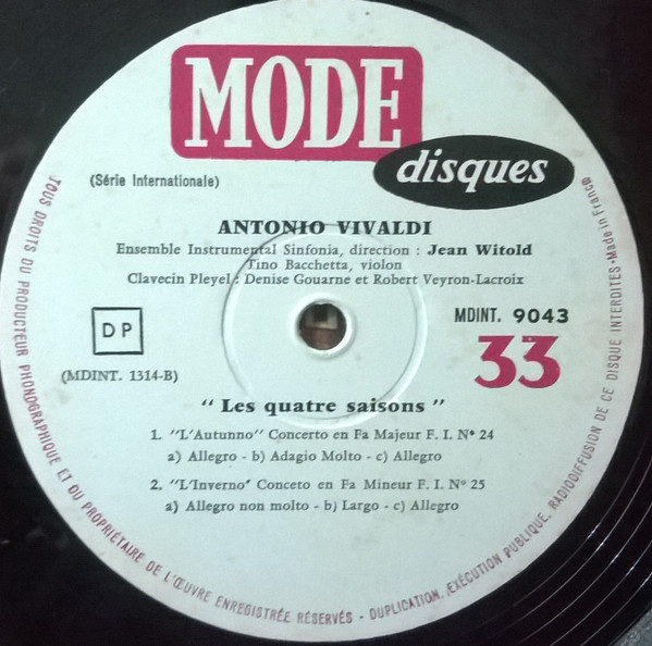Antonio Vivaldi , Ensemble Instrumental Sinfonia Direction: Jean Witold - Les 4 Saisons | Mode Disques (MDINT. 9043) - 4