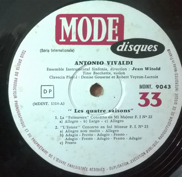 Antonio Vivaldi , Ensemble Instrumental Sinfonia Direction: Jean Witold - Les 4 Saisons | Mode Disques (MDINT. 9043) - 3
