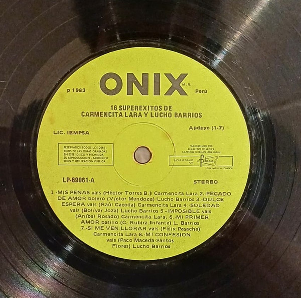 Carmencita Lara y Lucho Barrios - 16 Superexitos | Onix (LP-69061) - 3 Carmencita Lara y Lucho Barrios - 16 Superexitos | Onix (LP-69061) - 3