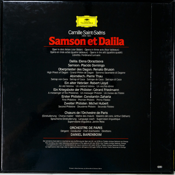 Camille Saint-Saëns - Elena Obraztsova • Placido Domingo • Renato Bruson • Robert Lloyd , Chœur De L'Orchestre De Paris • Orchestre De Paris • Daniel Barenboim - Samson Et Dalila | Deutsche Grammophon (2709 095) - 2