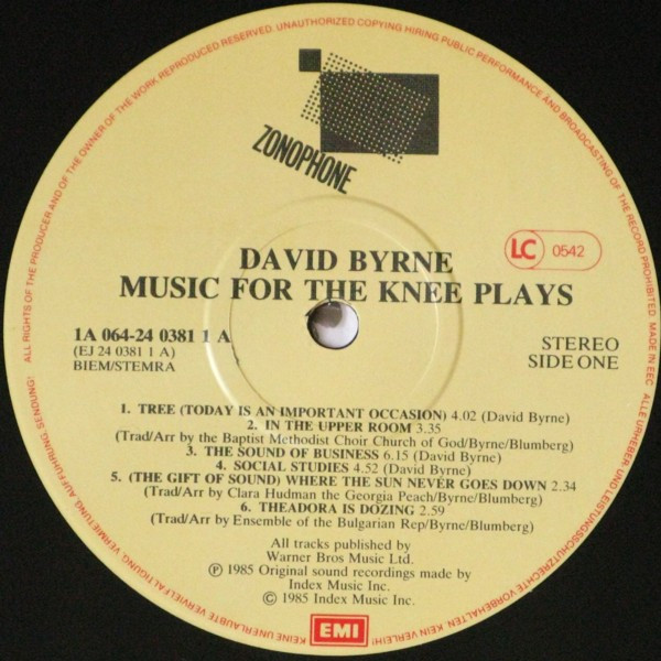 David Byrne - Music For The Knee Plays | Zonophone (064-24 0381 1) - 3 David Byrne - Music For The Knee Plays | Zonophone (064-24 0381 1) - 3