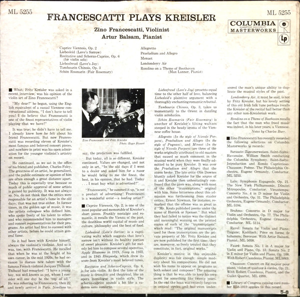 Fritz Kreisler , Zino Francescatti / Arthur Balsam - Francescatti Plays Kreisler | Columbia Masterworks (ML 5255) - 2 Fritz Kreisler , Zino Francescatti / Arthur Balsam - Francescatti Plays Kreisler | Columbia Masterworks (ML 5255) - 2
