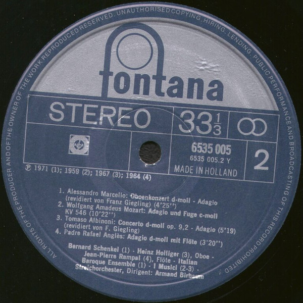 Tomaso Albinoni , Padre Rafael Angles , Samuel Barber , François De Boisvallée , Wolfgang Amadeus Mozart , Alessandro Marcello / I Musici , Kurt Redel , Heinz Holliger , Jean-Pierre Rampal , Pierre Cochereau - Unsterbliche Adagios | Fontana (6535 005) - 4