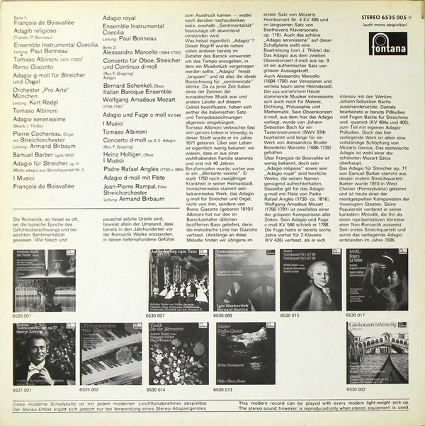 Tomaso Albinoni , Padre Rafael Angles , Samuel Barber , François De Boisvallée , Wolfgang Amadeus Mozart , Alessandro Marcello / I Musici , Kurt Redel , Heinz Holliger , Jean-Pierre Rampal , Pierre Cochereau - Unsterbliche Adagios | Fontana (6535 005) - 2