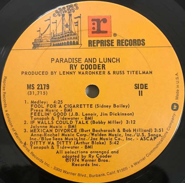Ry Cooder - Paradise And Lunch | Reprise Records (MS 2179) - 4