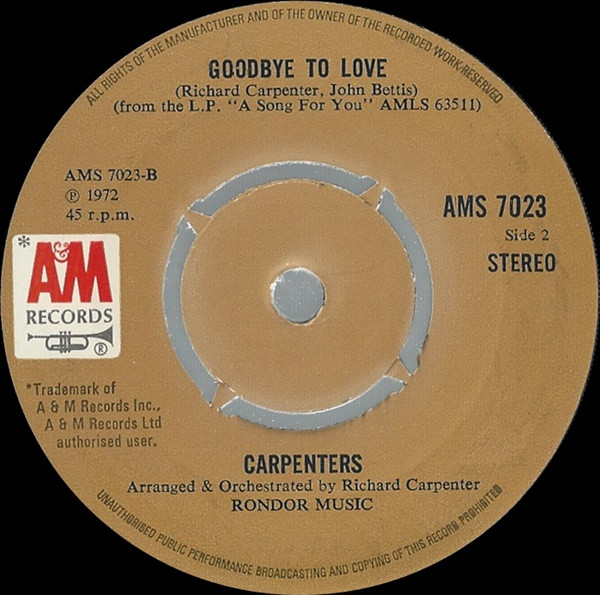 Carpenters - I Won't Last A Day Without You | A&M Records (AMS 7023) - main