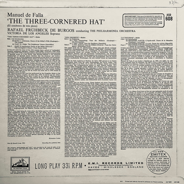 Manuel De Falla : Victoria De Los Angeles / Philharmonia Orchestra , Rafael Frühbeck De Burgos - The Three Cornered Hat | His Master's Voice (ASD 608) - 2